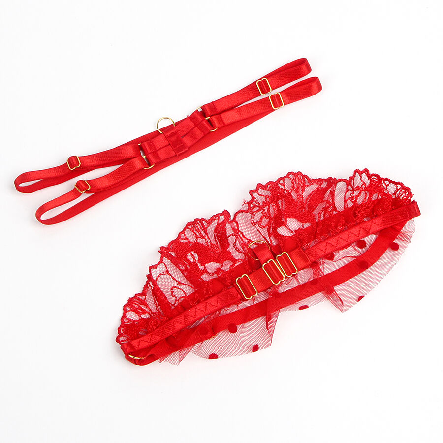 Conjunto Subblime Vermelho: Set erótico de sutiã, cinta-ligas e tanga em renda floral vermelha. Diamora