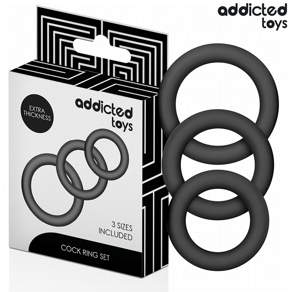 Conjunto de Anéis Addicted Toys: Três anéis penianos de silicone premium preto dispostos por ordem de tamanho.