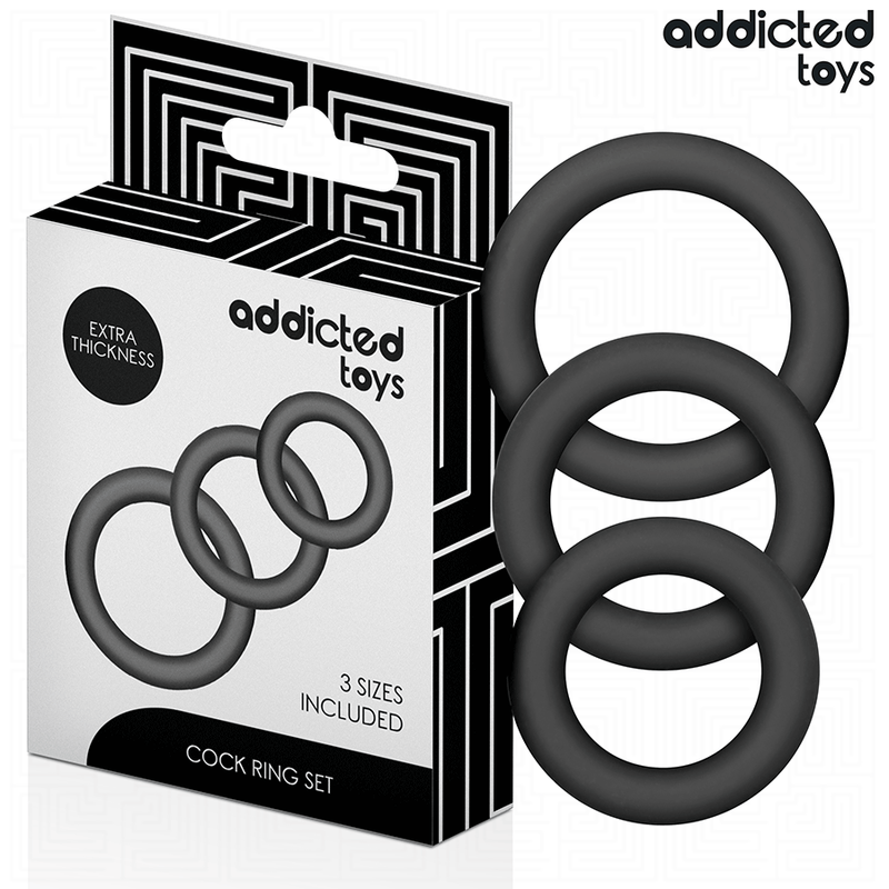 Conjunto de Anéis Addicted Toys: Três anéis penianos de silicone premium preto dispostos por ordem de tamanho.