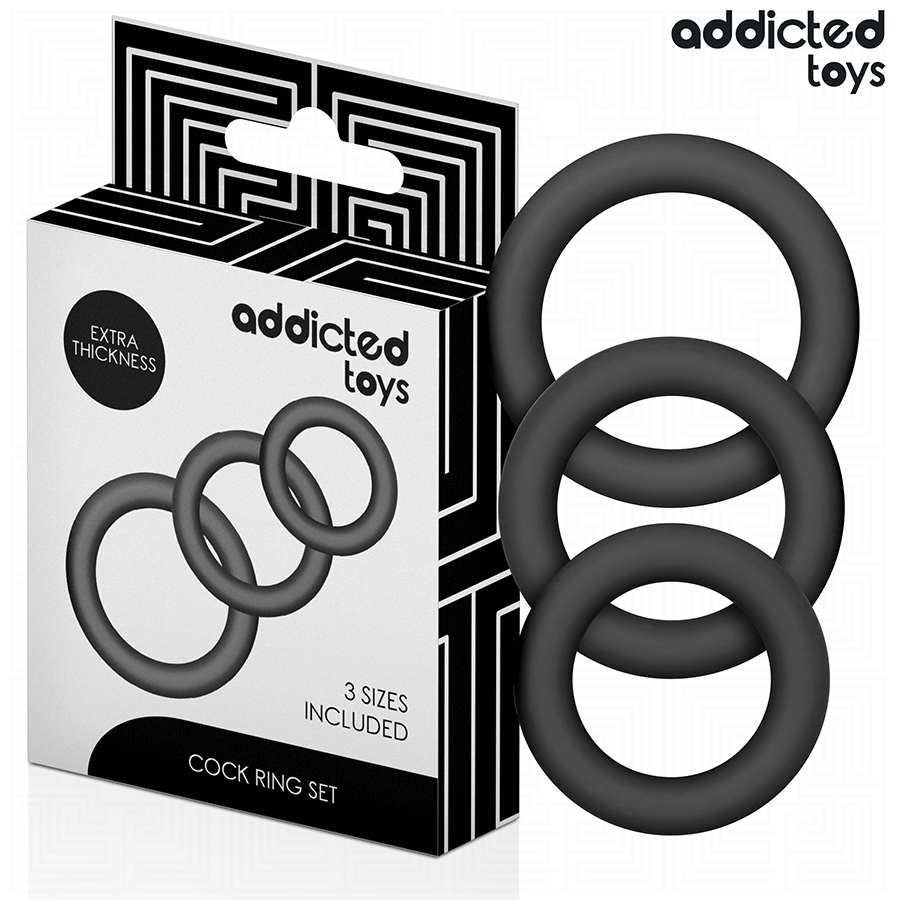 Conjunto de Anéis Addicted Toys: Três anéis penianos de silicone premium preto dispostos por ordem de tamanho.