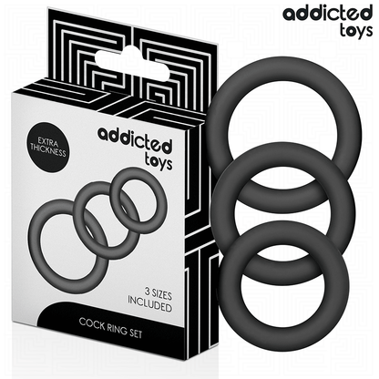 Conjunto de Anéis Addicted Toys: Três anéis penianos de silicone premium preto dispostos por ordem de tamanho.