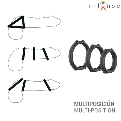Conjunto de Anéis Intense Peter: Três anéis penianos de silicone premium preto dispostos simetricamente por ordem de tamanho. Diamora