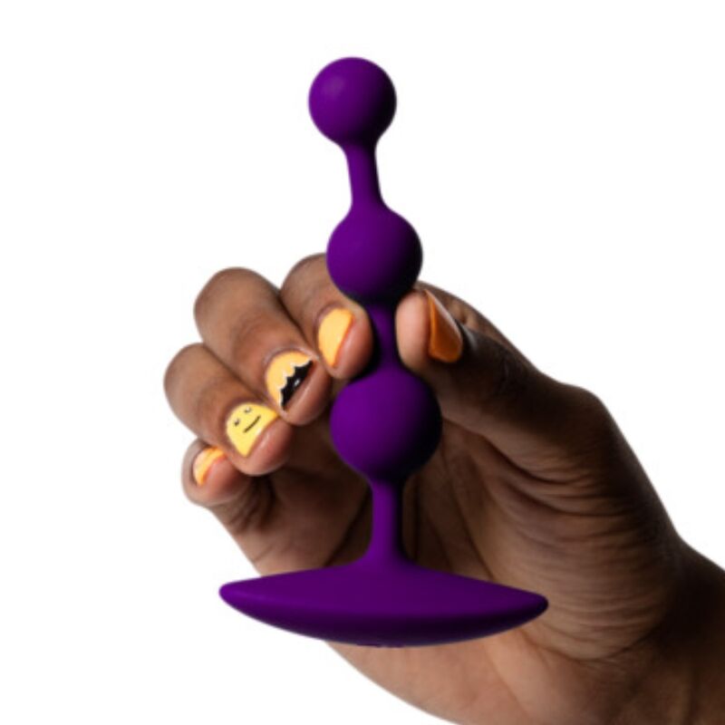 Cordão de Contas Anais ROMP Amp: Estimulador anal flexível em silicone premium roxo exibido em curva anatómica elegante.
