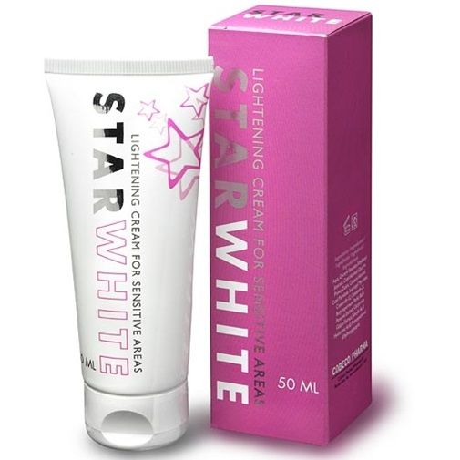 Creme Clareador Cobeco Star White: Vista frontal do elegante tubo de 50 ml e da sua caixa com o selo azul e branco da Cobeco Pharma, comunicando alta cosmética e cuidado de prestígio internacional.