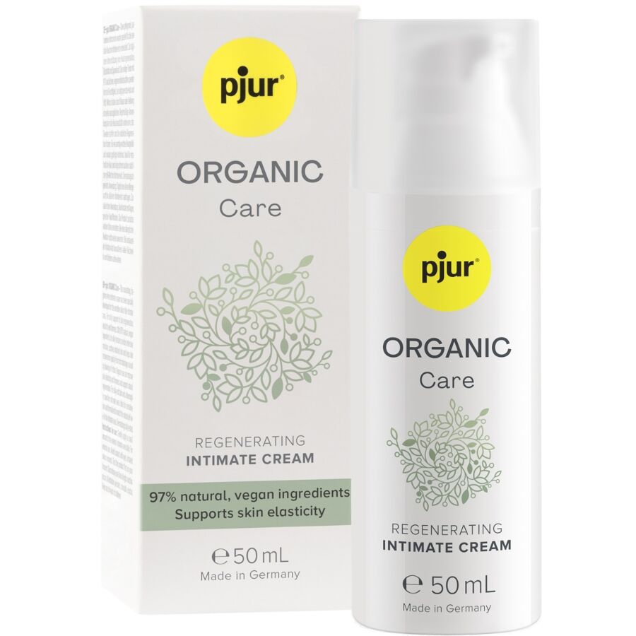 Creme Íntimo pjur Organic Care: Vista frontal da sofisticada embalagem branca de 50 ml com linhas verdes minimalistas, transmitindo o caráter de um cosmético clínico de farmácia premium e cariz natural.