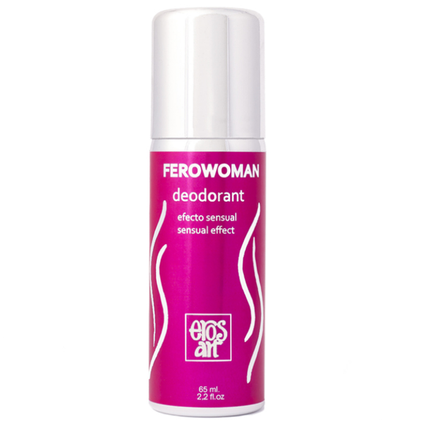 Desodorizante Íntimo ErosArt Ferowoman: Vista frontal do frasco de 75 ml com o seu design elegante e feminino em tons de rosa e branco, destacando a névoa protetora com feromonas.