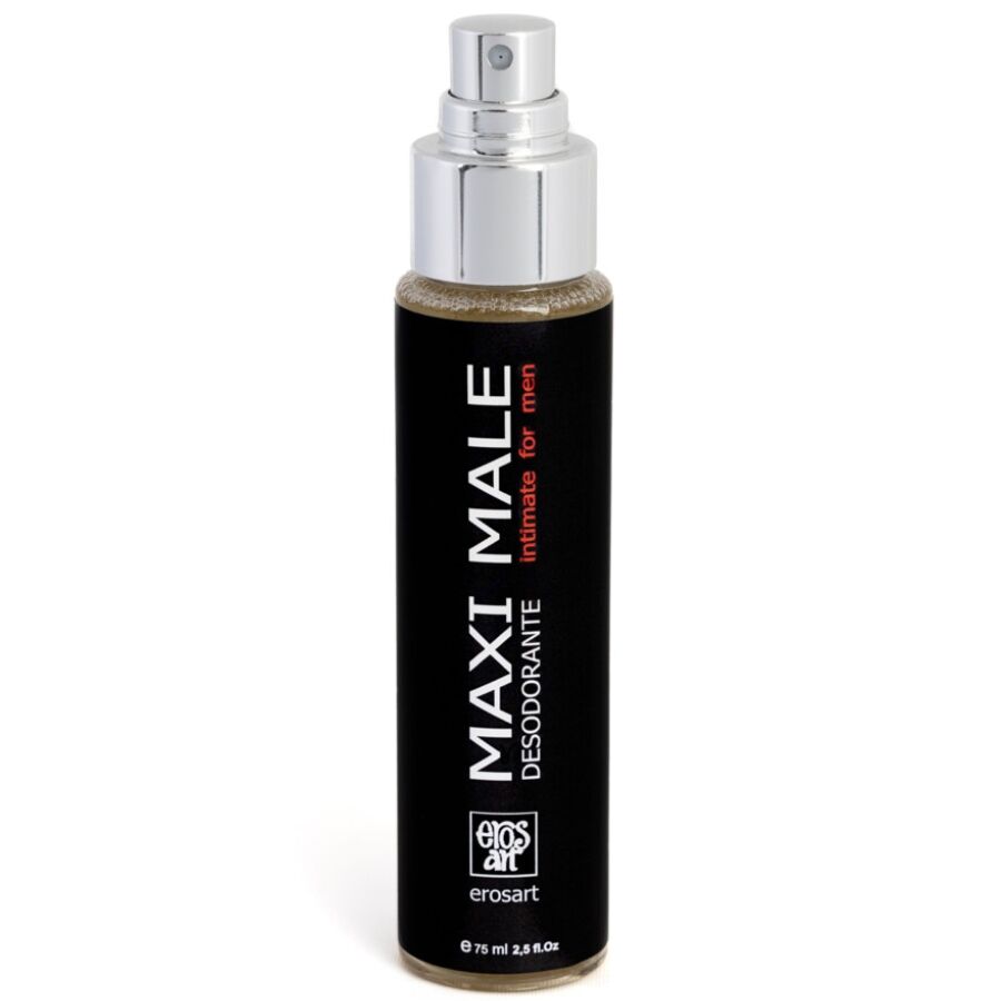 Desodorizante Íntimo Masculino ErosArt: Vista frontal do frasco de 75 ml com o seu design sóbrio, minimalista e masculino com detalhes em tons escuros e cinza, realçando o seu carácter de cuidado premium.