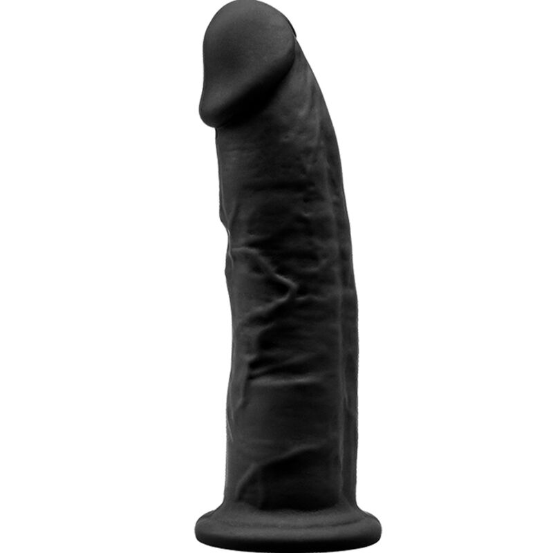 Dildo Realista Premium Silexd Modelo 2: Fotografia artística de foco no dildo de 15 cm em tom preto mate, destacando as suas texturas anatómicas subtis e a sua base com ventosa integrada de alta fixação.