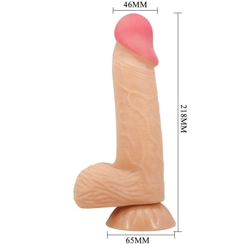 Dildo Realista Pretty Love Sliding Skin: Vista de ângulo do dildo realista de 20,6 cm em tom neutro/pele, evidenciando o relevo das veias, a glande esculpida e a base com ventosa integrada de alta fixação. Diamora
