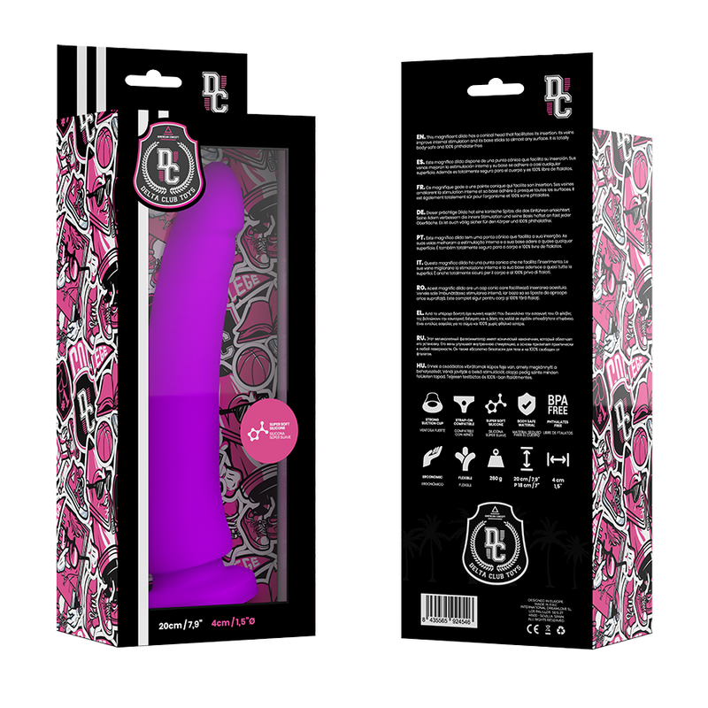 Dildo de Silicone Médico Delta Club Lilac: Vista frontal elegante do dildo de 20 cm em tom lilás vibrante e acabamento mate acetinado, destacando as suas ondulações suaves e a base robusta com ventosa integrada. Diamora