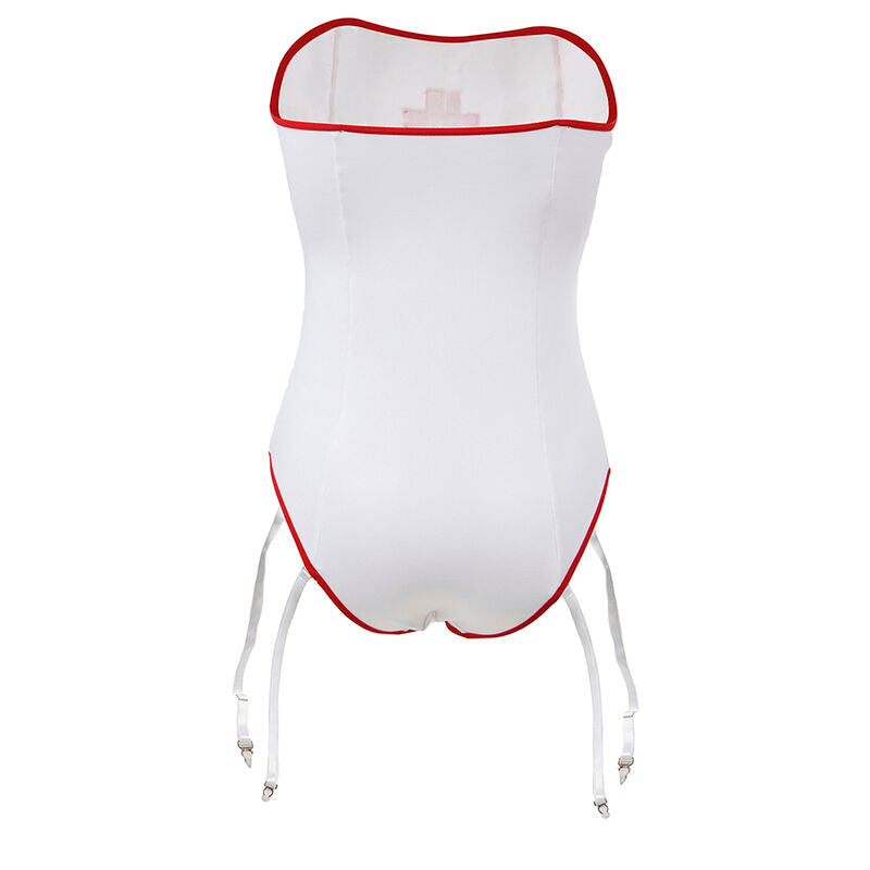 Disfarce de Enfermeira Subblime: Teddy de renda branca com contornos e detalhes em vermelho. Diamora