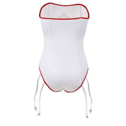 Disfarce de Enfermeira Subblime: Teddy de renda branca com contornos e detalhes em vermelho. Diamora