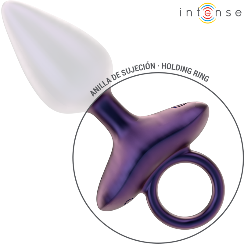 Estimulador Anal Recarregável Intense Michael Modelo 2: Fotografia comercial sofisticada em fundo escuro, focando no estimulador de silicone médico preto com acabamento mate e bulbos progressivos. Diamora