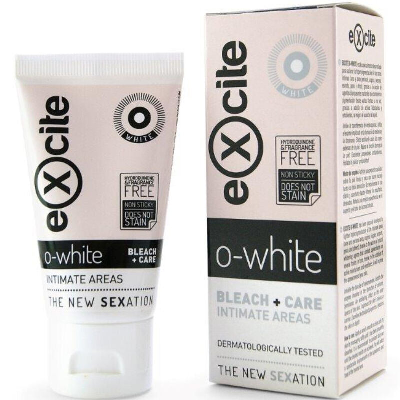 Gel Clareador Íntimo Excite O-White Bleach: Vista frontal do frasco sofisticado e minimalista de 50 ml com o seu design airless em tons brancos e dourados, transmitindo luxo, eficácia e uma estética de alta cosmética clínica.