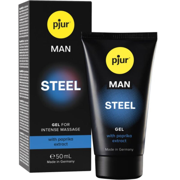 Gel Estimulante pjur Man Steel: Tubo premium de 50 ml exibido na vertical, ostentando um design sofisticado com cores cinzenta, preta e azul metalizado.