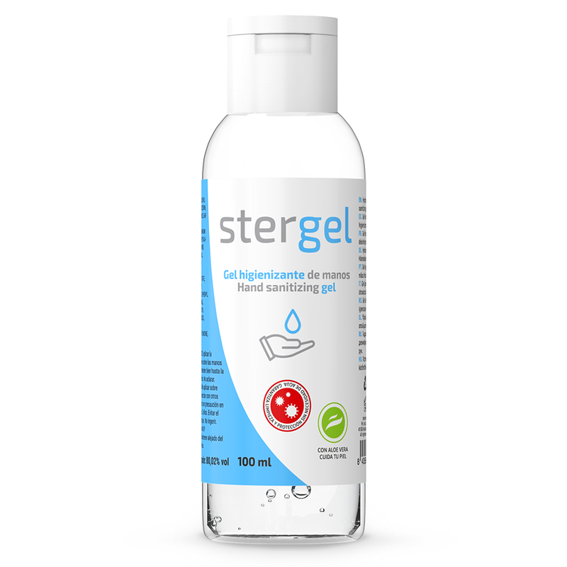 Gel Hidroalcoólico Stergel 100 ml: Vista frontal do frasco translúcido e limpo, exibindo a textura do gel cristalino e o rótulo de perfil higiénico com o destaque do Aloé Vera.