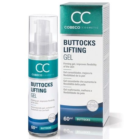 Gel Lifting Cobeco CC Nádegas: Vista frontal do frasco sofisticado de 60 ml com o design elegante da marca Cobeco Pharma, comunicando alta cosmética corporal e cuidado premium.