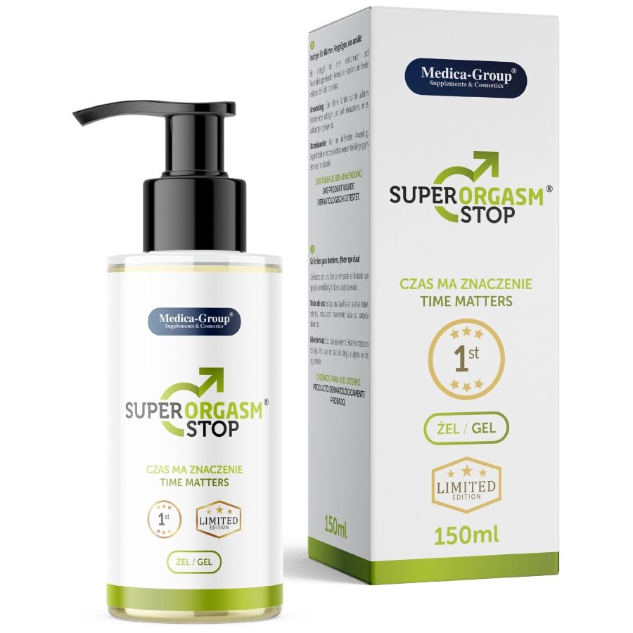 Gel Masculino Super Orgasm Stop: Vista frontal do frasco de 150 ml com o seu design clínico, sóbrio e minimalista, comunicando o caráter de um dermo-cosmético masculino de alta confiança.