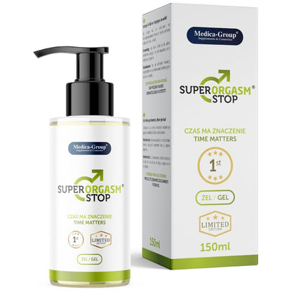 Gel Masculino Super Orgasm Stop: Vista frontal do frasco de 150 ml com o seu design clínico, sóbrio e minimalista, comunicando o caráter de um dermo-cosmético masculino de alta confiança.