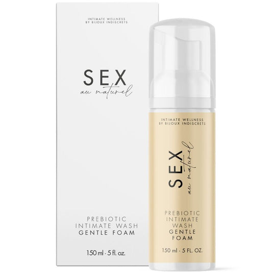 Gel Íntimo Prebiótico Sex au Naturel: Vista frontal do frasco sofisticado de 150 ml com o seu design minimalista, clean e elegante, realçando o conceito botânico e clínico da marca.