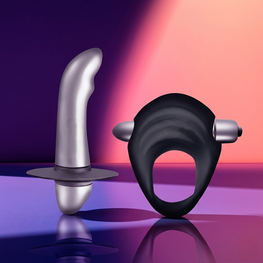 Kit Climaximum com massajador de próstata em silicone e anel vibratório Avio, design ergonômico para prazer e conforto.