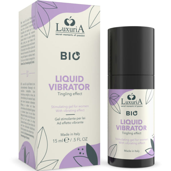 Intimateline Luxuria Gel Vibrante: Fotografia editorial premium destacando o frasco de 15 ml e a promessa de uma experiência vibrante e sensorial.