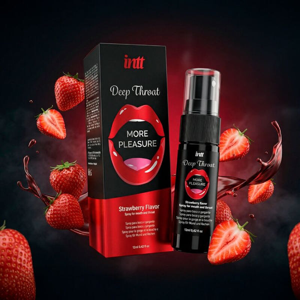 Intt Spray Deep Throat Morango: Fotografia editorial premium focando no frasco, realçando o sabor a morango e a promessa de maior conforto.