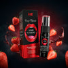Intt Spray Deep Throat Morango: Fotografia editorial premium focando no frasco, realçando o sabor a morango e a promessa de maior conforto.