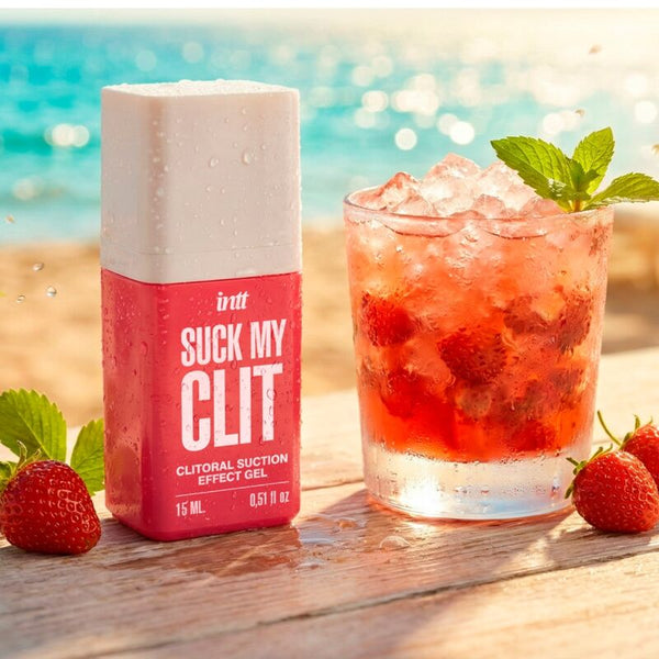 Intt Suck My Clit Gel: Fotografia editorial premium destacando o frasco de 15 ml e a promessa de uma experiência sensorial única.