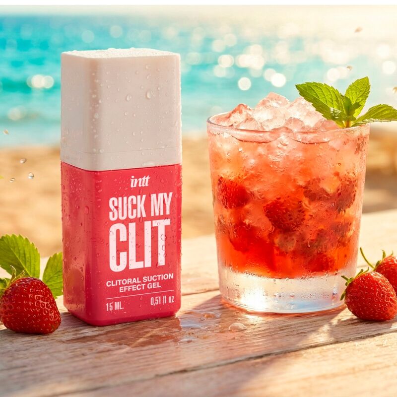 Intt Suck My Clit Gel: Fotografia editorial premium destacando o frasco de 15 ml e a promessa de uma experiência sensorial única.