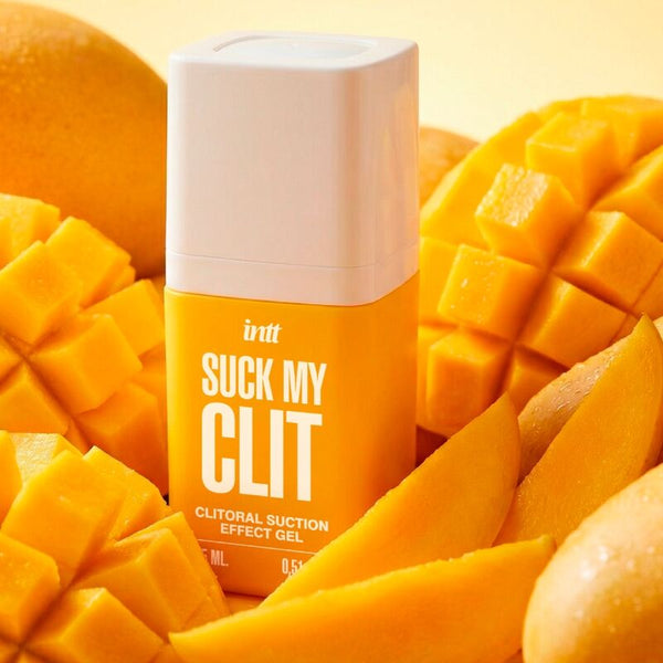 Intt Suck My Clit Gel Manga: Fotografia editorial premium destacando o frasco de 15 ml e a promessa de uma experiência sensorial única.