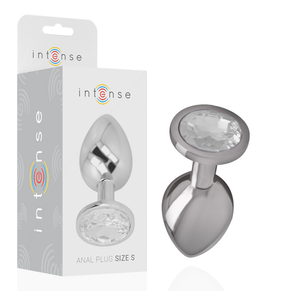 Joia Anal Intense com Cristal Prata: Fotografia de estúdio com iluminação premium em fundo escuro, focando no plug anal de alumínio polido de tamanho S, exibindo o reflexo espelhado do metal e o cristal prata brilhante na base.