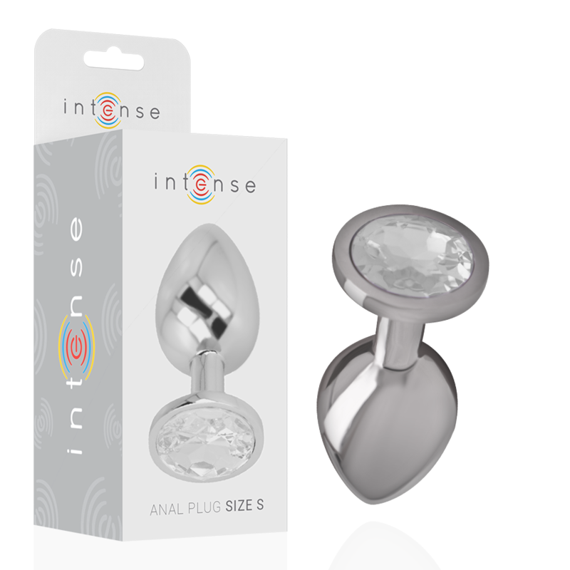 Joia Anal Intense com Cristal Prata: Fotografia de estúdio com iluminação premium em fundo escuro, focando no plug anal de alumínio polido de tamanho S, exibindo o reflexo espelhado do metal e o cristal prata brilhante na base.