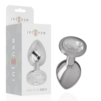 Joia Anal Intense com Cristal Prata: Fotografia de estúdio com iluminação premium em fundo escuro, focando no plug anal de alumínio polido de tamanho S, exibindo o reflexo espelhado do metal e o cristal prata brilhante na base.
