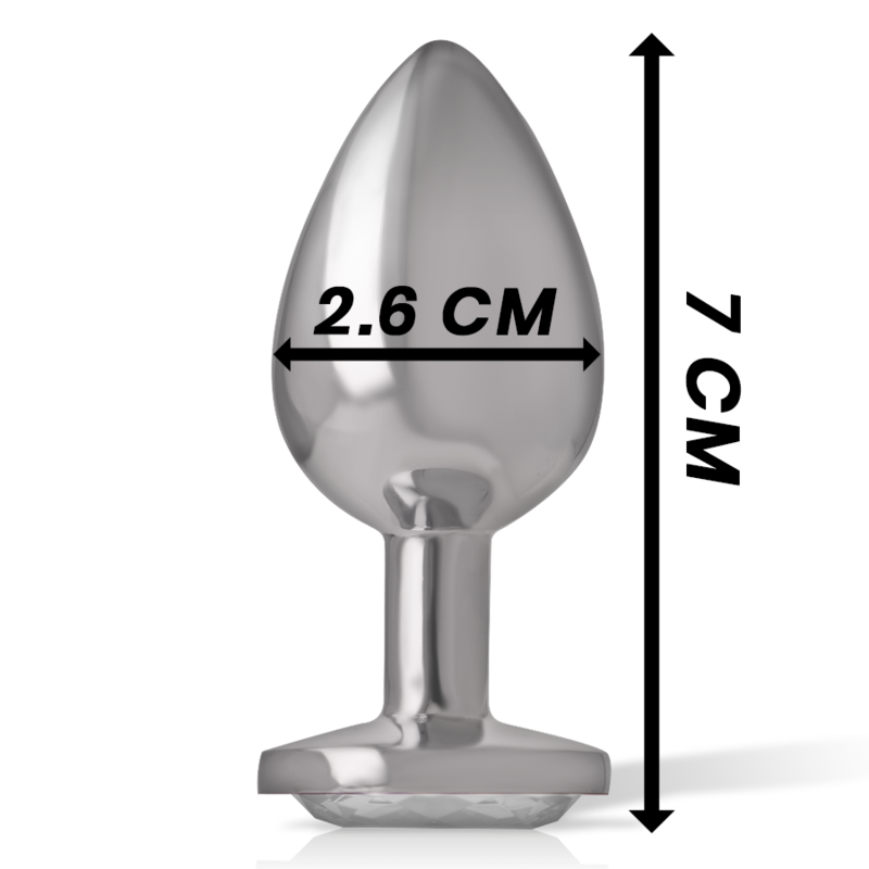 Joia Anal Intense com Cristal Prata: Fotografia de estúdio com iluminação premium em fundo escuro, focando no plug anal de alumínio polido de tamanho S, exibindo o reflexo espelhado do metal e o cristal prata brilhante na base. Diamora 