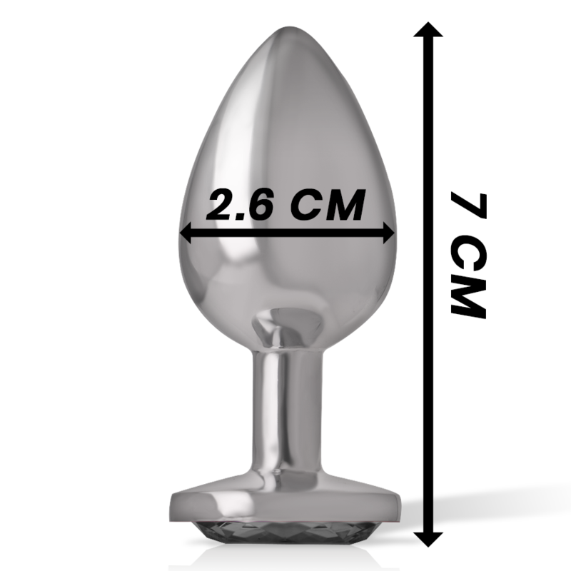 Joia Anal Intense com Cristal Preto: Fotografia de estúdio com iluminação de luxo em fundo escuro, focando no plug anal de alumínio polido de tamanho S, exibindo o reflexo espelhado do metal e o cristal negro facetado brilhante na base.