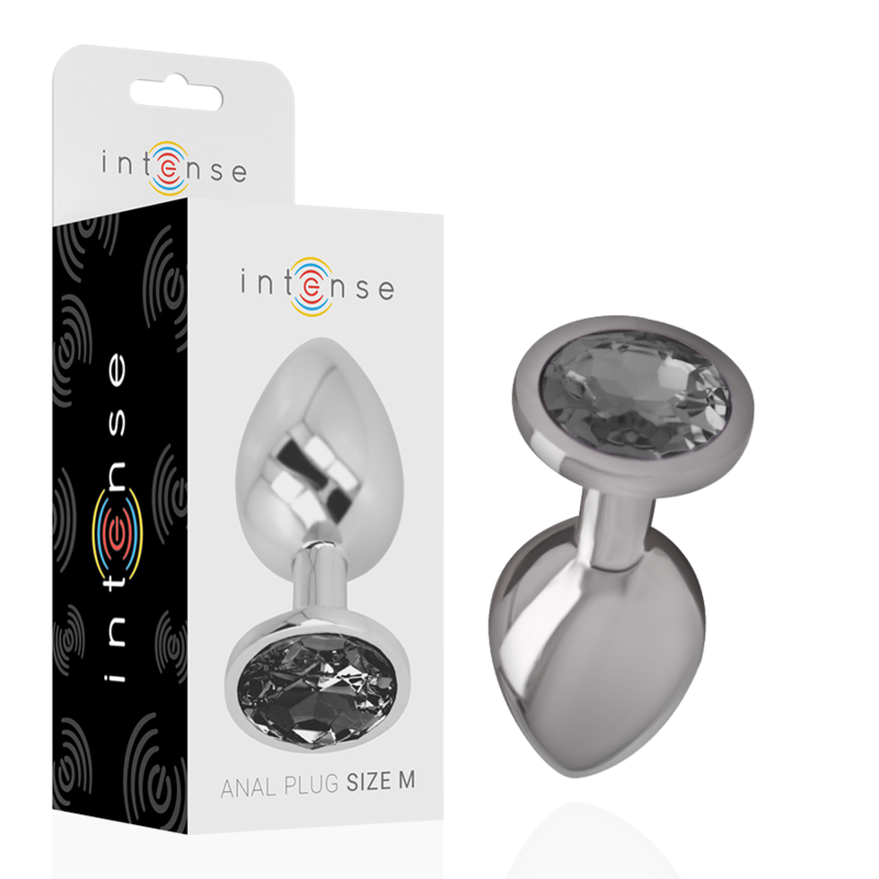 Joia Anal Intense com Cristal Preto M: Fotografia de estúdio com iluminação premium em fundo escuro, focando no plug anal de alumínio polido de tamanho M, exibindo o reflexo espelhado do metal e o cristal negro facetado na base.
