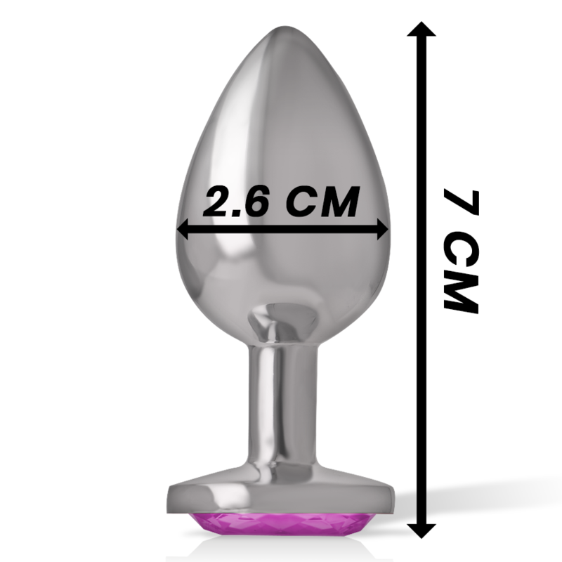 Joia Anal Intense com Cristal Rosa: Fotografia de estúdio com iluminação premium em fundo escuro, focando no plug anal de alumínio polido de tamanho S, exibindo o reflexo espelhado do metal e  cristal rosa brilhante na base.