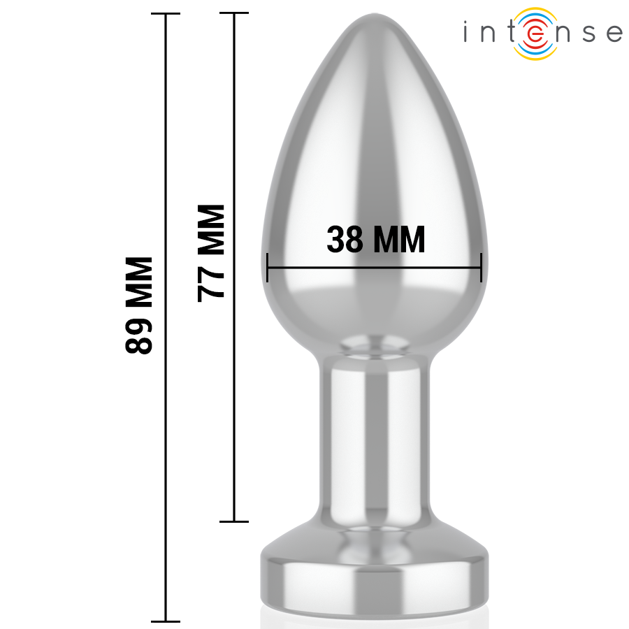 Joia Tecnológica Intense Vibrante com LED M: Fotografia premium estúdio em fundo escuro com iluminação de destaque, focando no plug anal de alumínio polido com a sua base LED acesa, posicionado elegantemente ao lado do seu comando à distância