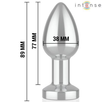 Joia Tecnológica Intense Vibrante com LED M: Fotografia premium estúdio em fundo escuro com iluminação de destaque, focando no plug anal de alumínio polido com a sua base LED acesa, posicionado elegantemente ao lado do seu comando à distância