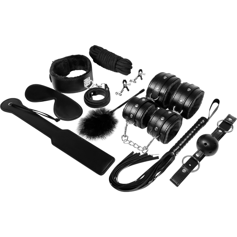 Kit BDSM Fetish Série Preta: Fotografia editorial focando na elegância e sobriedade dos acessórios.