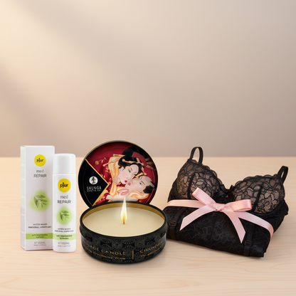 Kit Noite Inesquecível: Lingerie de luxo e rituais térmicos para uma entrega total.