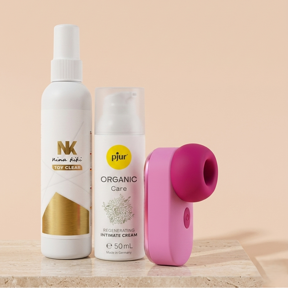 Kit Ritual Regenerador Premium – Estimulador Sabrina Intense + Creme pjur Organic Care + Spray Limpador de Brinquedos Nina Kiki (Pack 3 Peças)