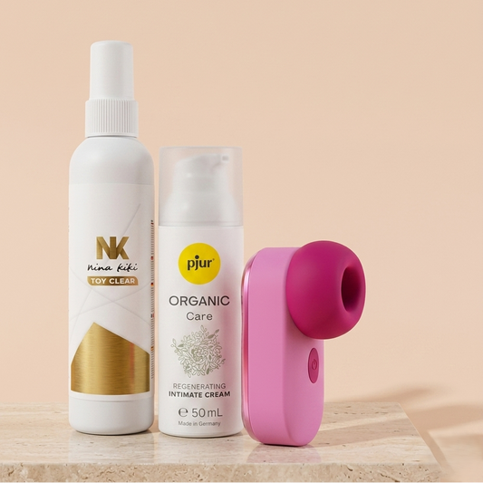 Kit Ritual Regenerador Premium – Estimulador Sabrina Intense + Creme pjur Organic Care + Spray Limpador de Brinquedos Nina Kiki (Pack 3 Peças)