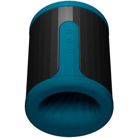 LELO F2s Masturbador de Luxo: Fotografia editorial focando nas curvas elegantes e no design premium do dispositivo.