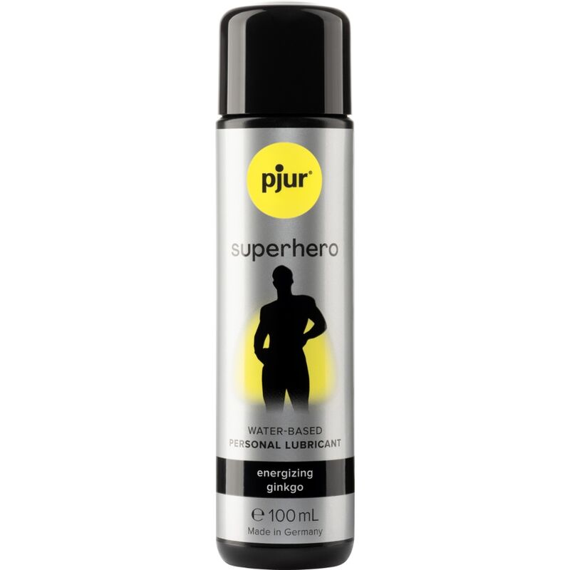 Lubrificante Masculino pjur Superhero 100 ml: Vista frontal da embalagem cilíndrica cinzenta e preta com detalhes elegantes da marca pjur, transmitindo uma estética de farmácia de luxo e confiança clínica.