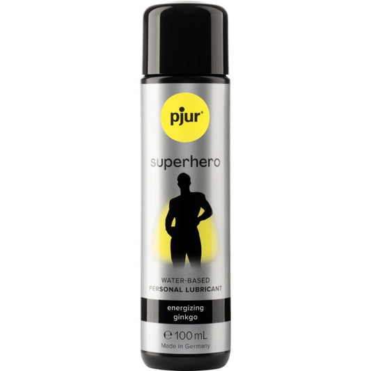 Lubrificante Masculino pjur Superhero 100 ml: Vista frontal da embalagem cilíndrica cinzenta e preta com detalhes elegantes da marca pjur, transmitindo uma estética de farmácia de luxo e confiança clínica.