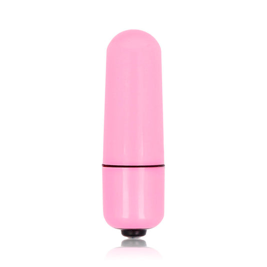 Mini Bala Vibratória Glossy Small Bullet: Exibição frontal do dispositivo de tamanho pocket com acabamento metalizado em tom rosa profundo luxuoso e curvas minimalistas.