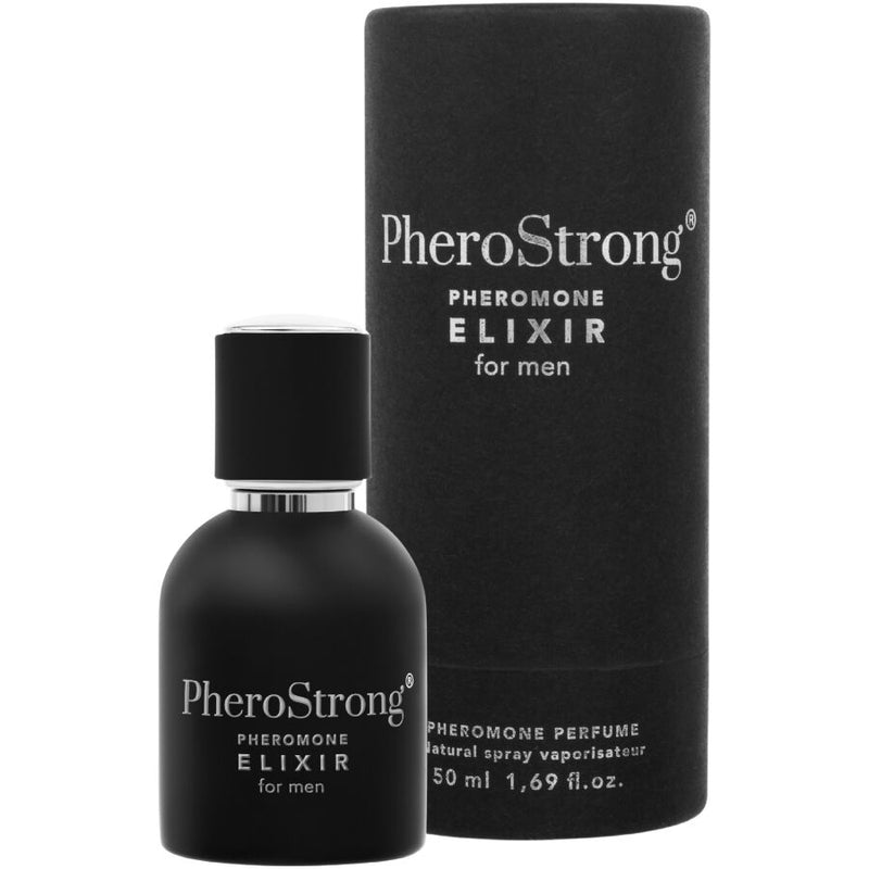 PheroStrong Elixir Masculino: Fotografia editorial que destaca a robustez e elegância do frasco.