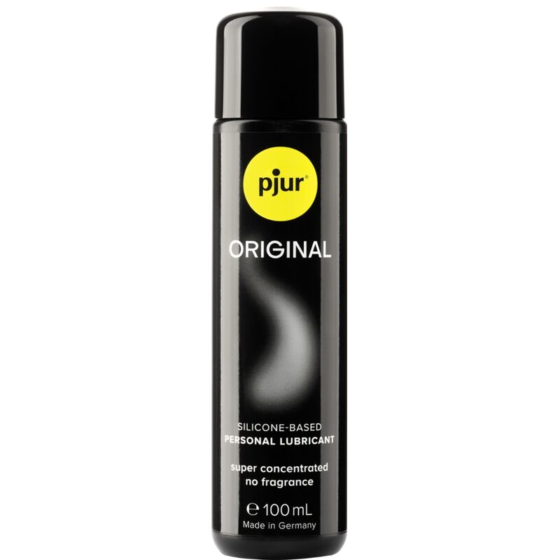 Pjur Lubrificante Original 100ml: Fotografia editorial focando na elegância clássica do frasco e na pureza do produto.